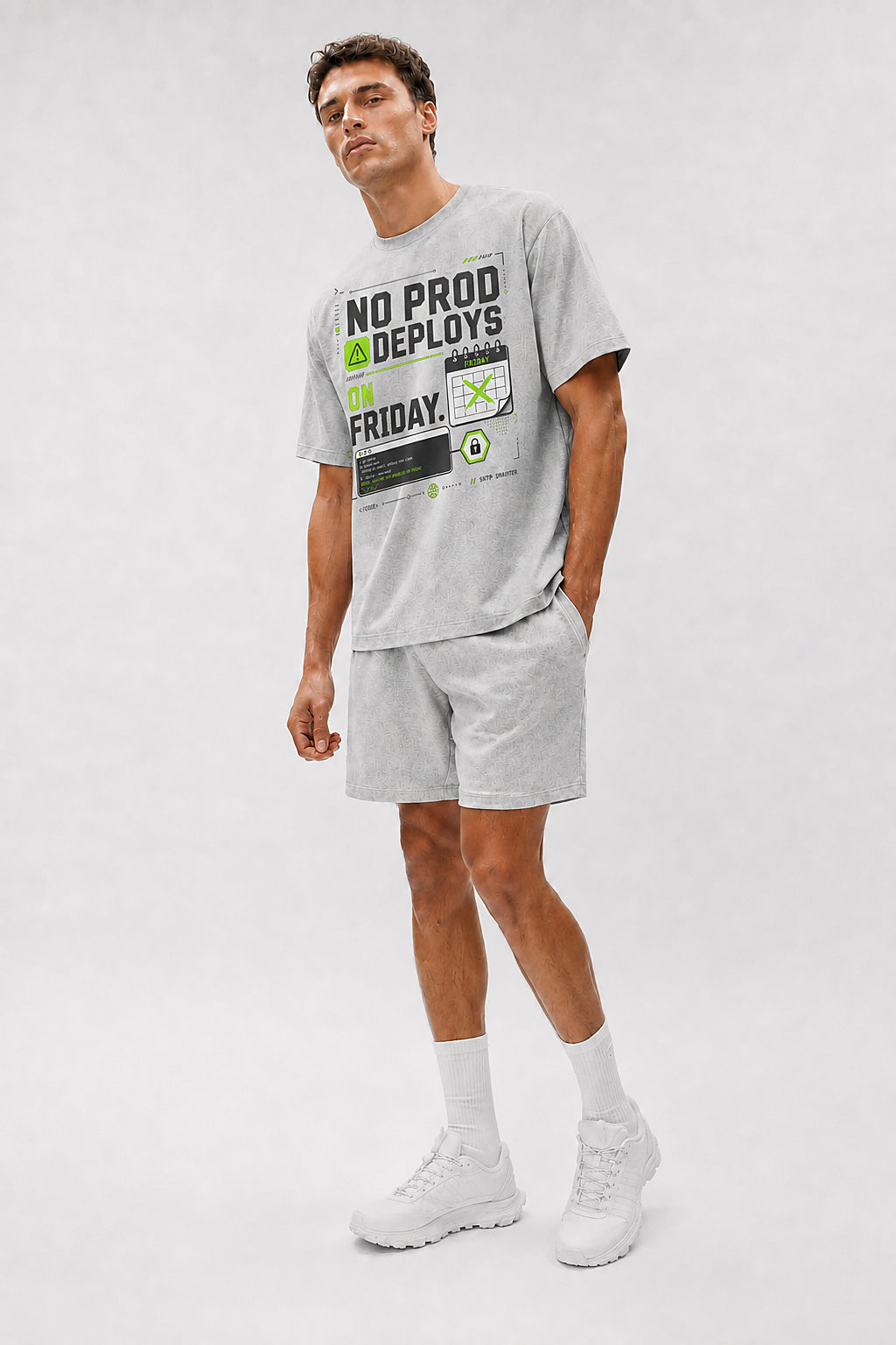 Uncropped full-body view of a model wearing the Athletic Heather No Prod Deploys on Friday oversized boxy tee.
