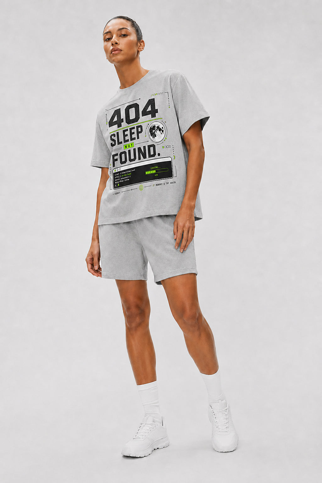 Uncropped full-body view of a model wearing the Athletic Heather 404 Sleep Not Found oversized boxy tee.