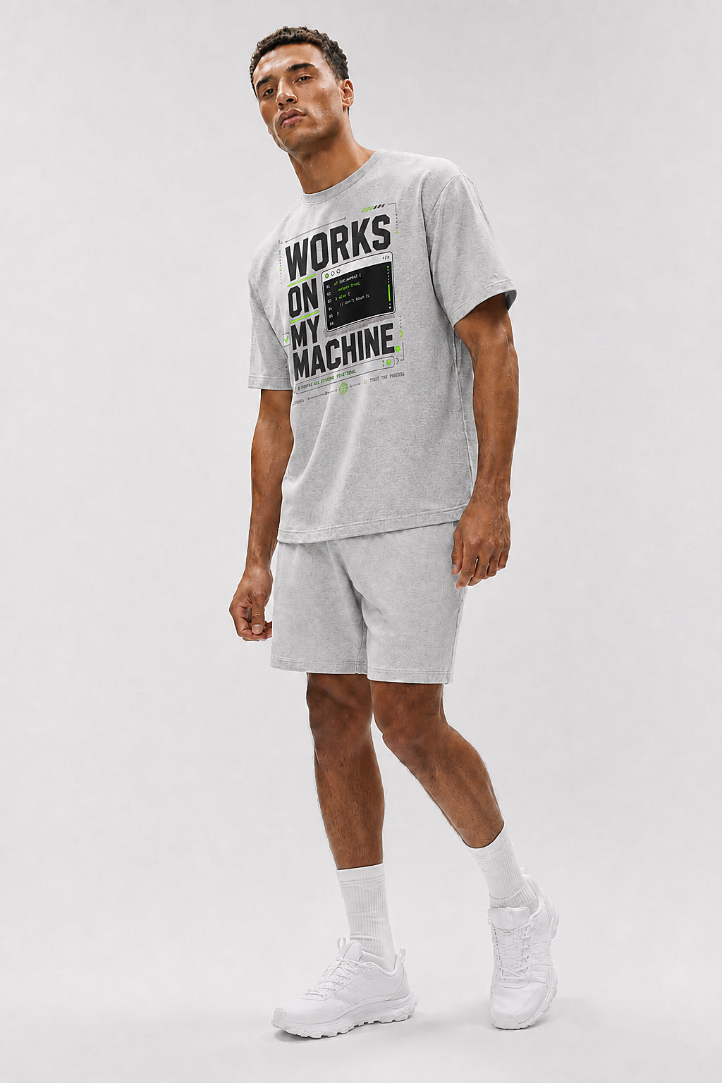 Uncropped full-body view of a model wearing the Athletic Heather Works on My Machine oversized boxy tee.