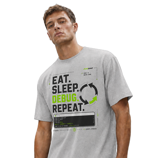 Transparent-background close-up of a model wearing the Athletic Heather Eat. Sleep. Debug. Repeat. oversized boxy tee.