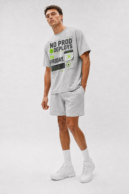Uncropped full-body view of a model wearing the Athletic Heather No Prod Deploys on Friday oversized boxy tee.