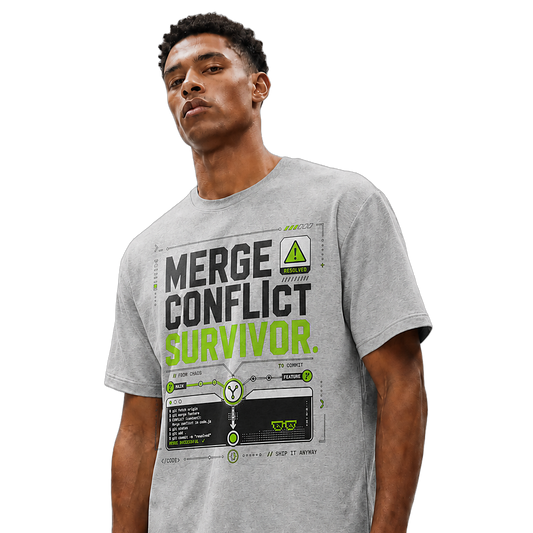 Transparent-background close-up of a model wearing the Athletic Heather Merge Conflict Survivor oversized boxy tee.