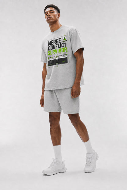 Uncropped full-body view of a model wearing the Athletic Heather Merge Conflict Survivor oversized boxy tee.