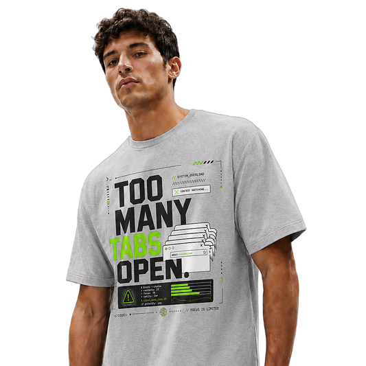 Transparent-background close-up of a model wearing the Athletic Heather Too Many Tabs Open oversized boxy tee.