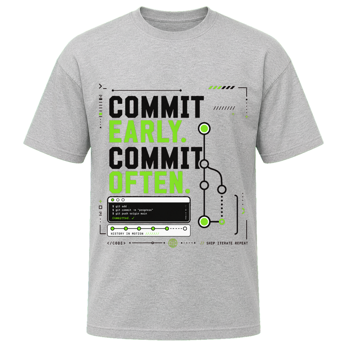 Athletic Heather Bella+Canvas 3010 oversized boxy tee featuring the Commit Early. Commit Often. design.
