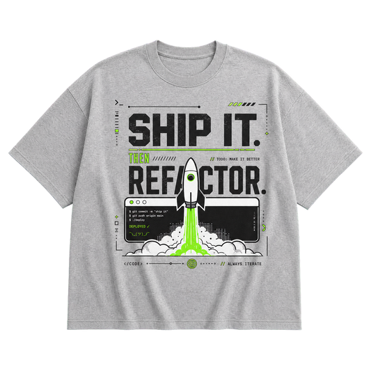 Athletic Heather Bella+Canvas 3010 oversized boxy tee featuring the Ship It. Then Refactor. design.