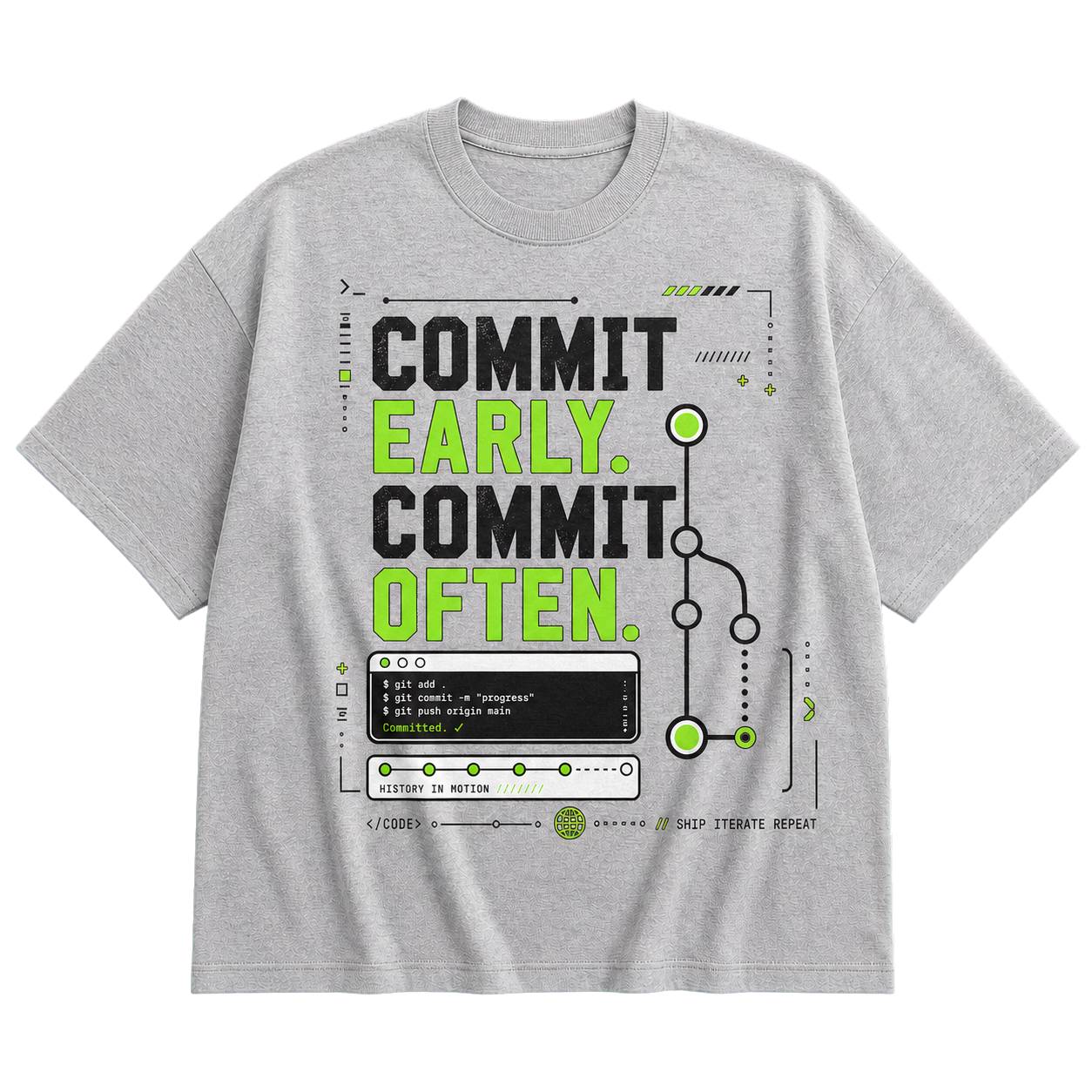 Athletic Heather Bella+Canvas 3010 oversized boxy tee featuring the Commit Early. Commit Often. design.