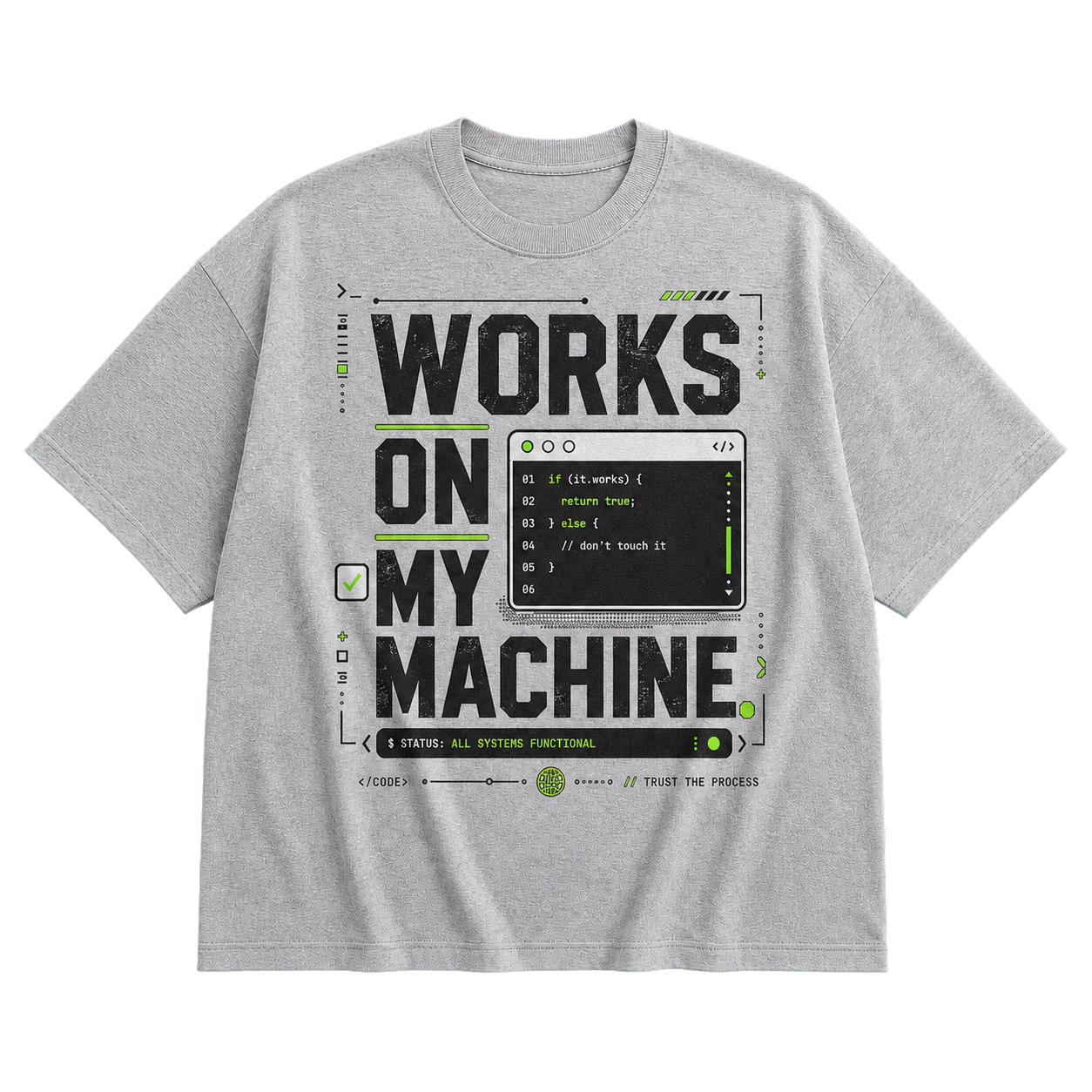 Athletic Heather Bella+Canvas 3010 oversized boxy tee featuring the Works on My Machine design.