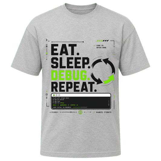 Athletic Heather Bella+Canvas 3010 oversized boxy tee featuring the Eat. Sleep. Debug. Repeat. design.