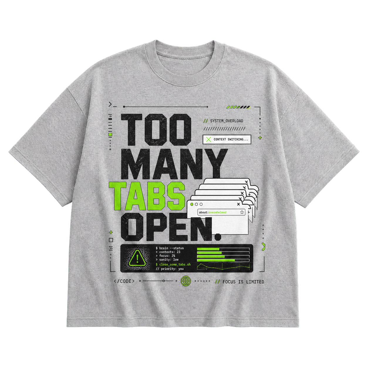 Athletic Heather Bella+Canvas 3010 oversized boxy tee featuring the Too Many Tabs Open design.