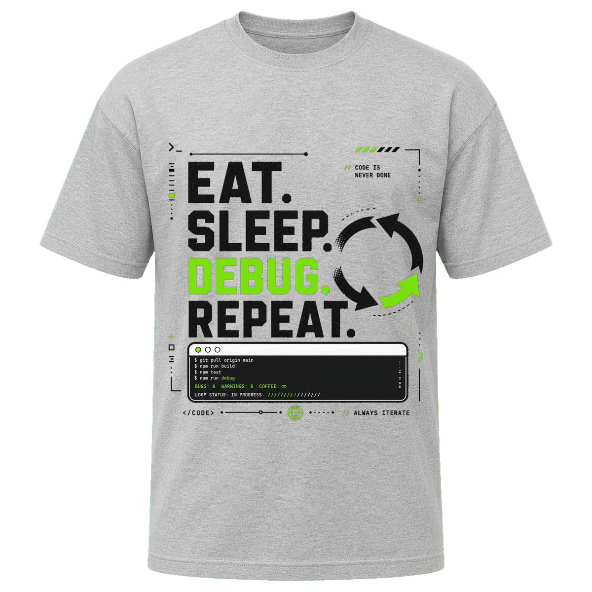 Athletic Heather Bella+Canvas 3010 oversized boxy tee featuring the Eat. Sleep. Debug. Repeat. design.