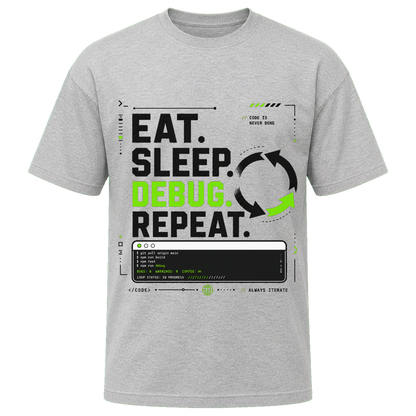 Athletic Heather Bella+Canvas 3010 oversized boxy tee featuring the Eat. Sleep. Debug. Repeat. design.