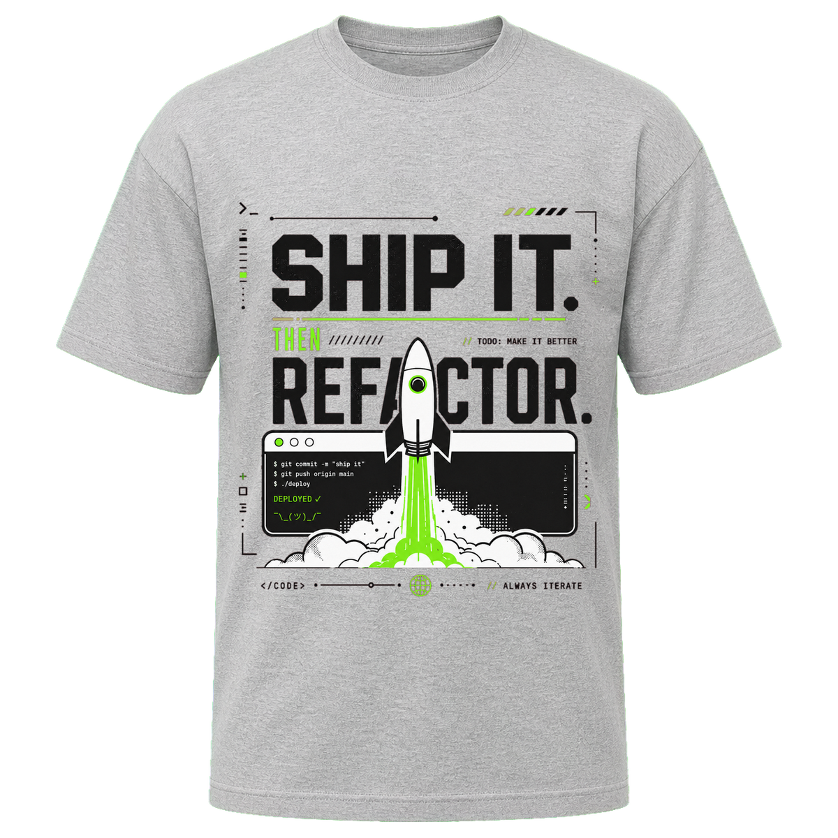 Athletic Heather Bella+Canvas 3010 oversized boxy tee featuring the Ship It. Then Refactor. design.