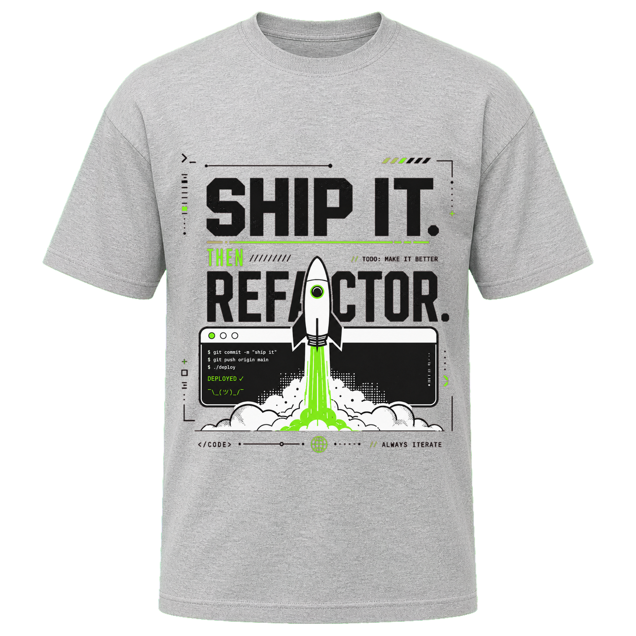 Athletic Heather Bella+Canvas 3010 oversized boxy tee featuring the Ship It. Then Refactor. design.