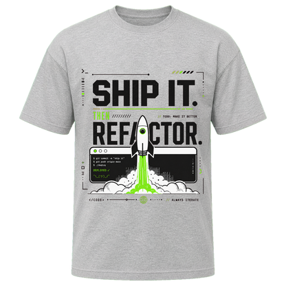 Athletic Heather Bella+Canvas 3010 oversized boxy tee featuring the Ship It. Then Refactor. design.