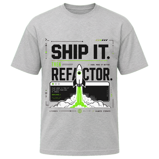 Athletic Heather Bella+Canvas 3010 oversized boxy tee featuring the Ship It. Then Refactor. design.