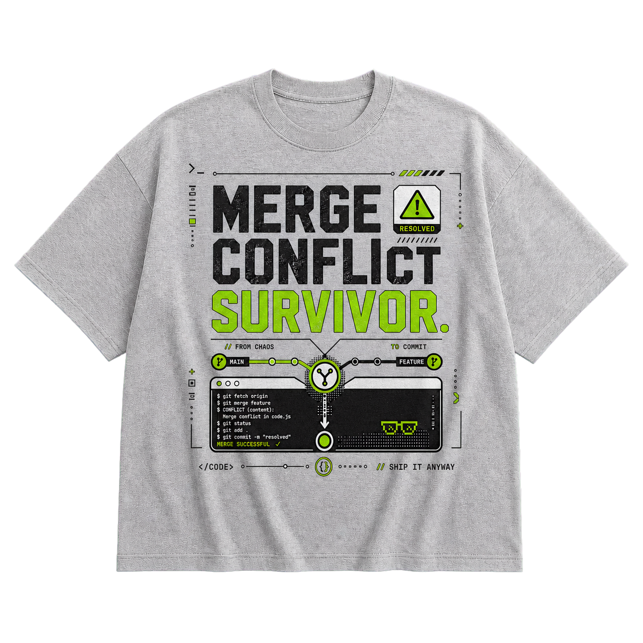 Athletic Heather Bella+Canvas 3010 oversized boxy tee featuring the Merge Conflict Survivor design.