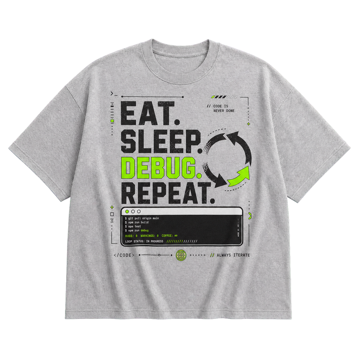Athletic Heather Bella+Canvas 3010 oversized boxy tee featuring the Eat. Sleep. Debug. Repeat. design.