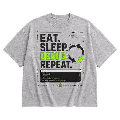 Athletic Heather Bella+Canvas 3010 oversized boxy tee featuring the Eat. Sleep. Debug. Repeat. design.