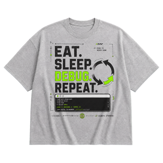 Athletic Heather Bella+Canvas 3010 oversized boxy tee featuring the Eat. Sleep. Debug. Repeat. design.